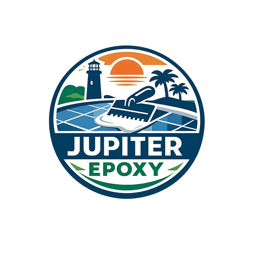 Jupiter Epoxy logo featuring epoxy flooring trowel, lighthouse, palm trees, and sunset